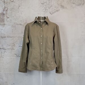 Co & Eddy Olive Tan Button-Up Shirt Linen Womens Size L